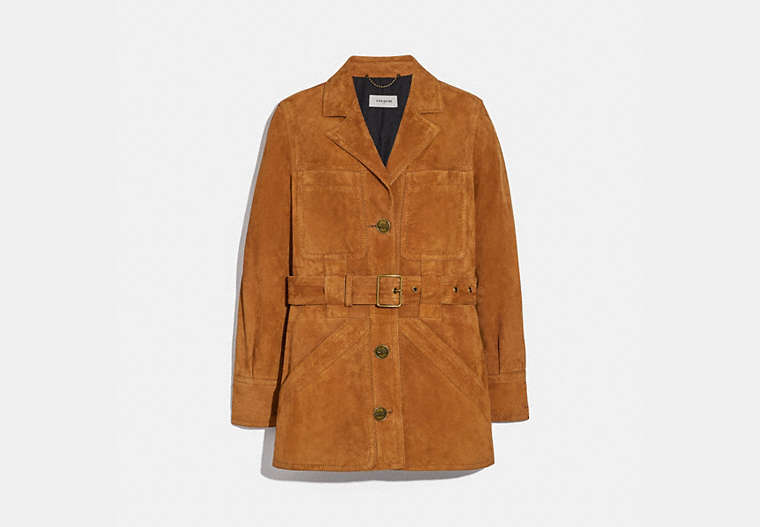 COACH®,SUEDE TRENCH JACKET,Suede,Canyon,Front View
