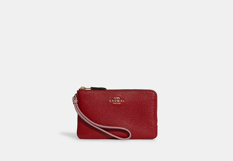 COACH®,DOUBLE CORNER ZIP WRISTLET IN COLORBLOCK,Leather,Small,Gold/1941 Red Multi,Front View