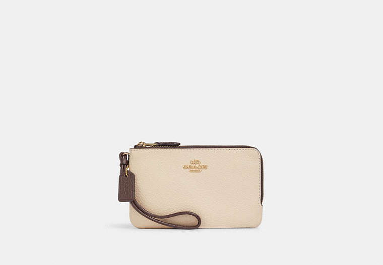 COACH®,DOUBLE CORNER ZIP WRISTLET IN COLORBLOCK,Leather,Small,Im/Ivory/Light Saddle Multi,Front View
