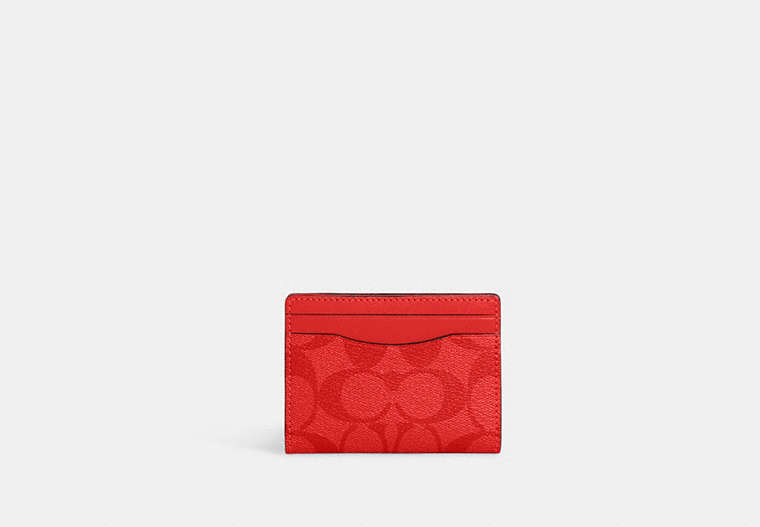 COACH®,MAGNETIC CARD CASE IN SIGNATURE CANVAS,pvc,Gunmetal/Miami Red,Front View