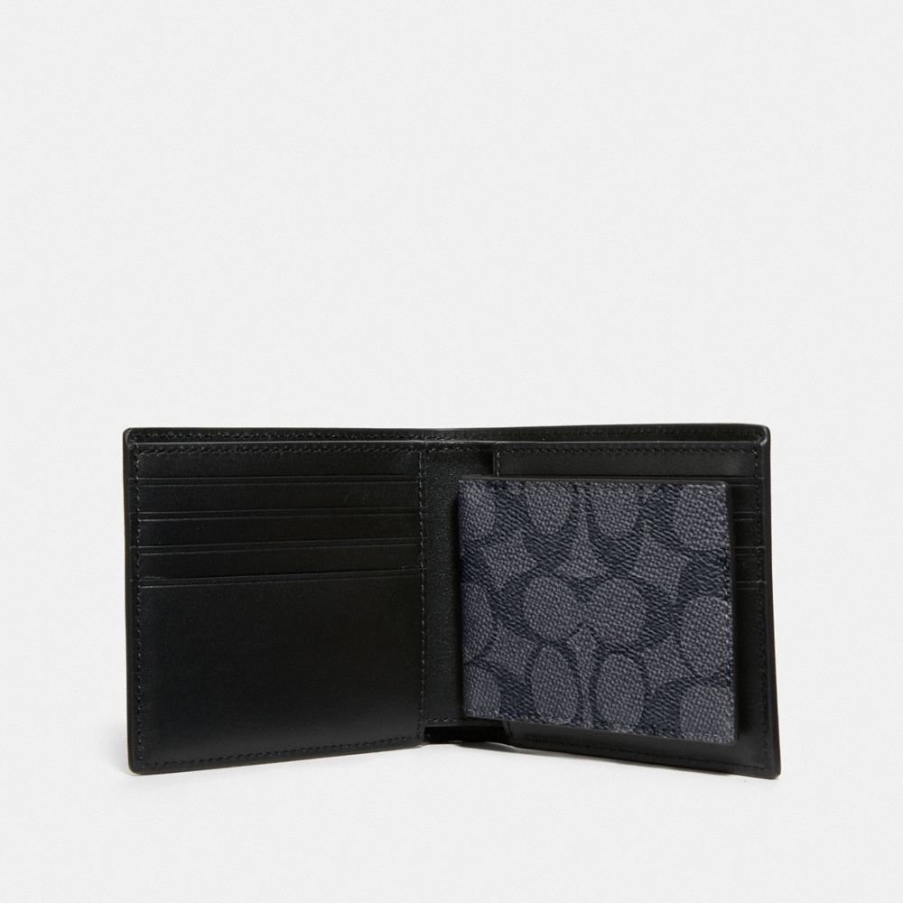 COACH®,3-IN-1 WALLET IN SIGNATURE CANVAS,Signature Coated Canvas/Smooth Leather,Mini,Charcoal/Black,Inside View,Top View