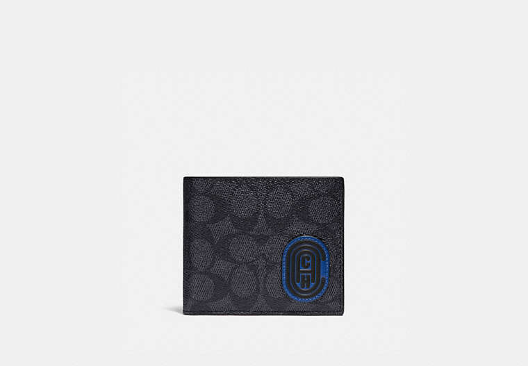 COACH®,3-IN-1 WALLET IN SIGNATURE CANVAS WITH COACH PATCH,Signature Coated Canvas/Smooth Leather,Charcoal/Deep Sky,Front View