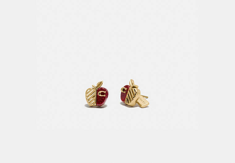 COACH®,APPLE STUD EARRINGS,Metal,Gold/Red,Front View