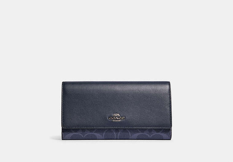 COACH®,TRIFOLD WALLET IN SIGNATURE CANVAS,Silver/Denim Midnight,Front View