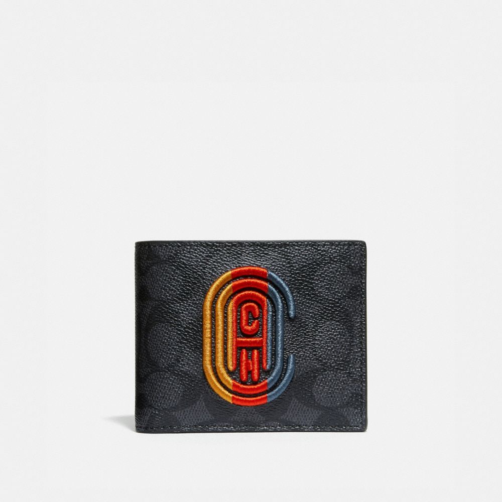 COACH®,3-IN-1 WALLET IN SIGNATURE CANVAS WITH COACH PATCH,pvc,Charcoal Signature Multi,Front View