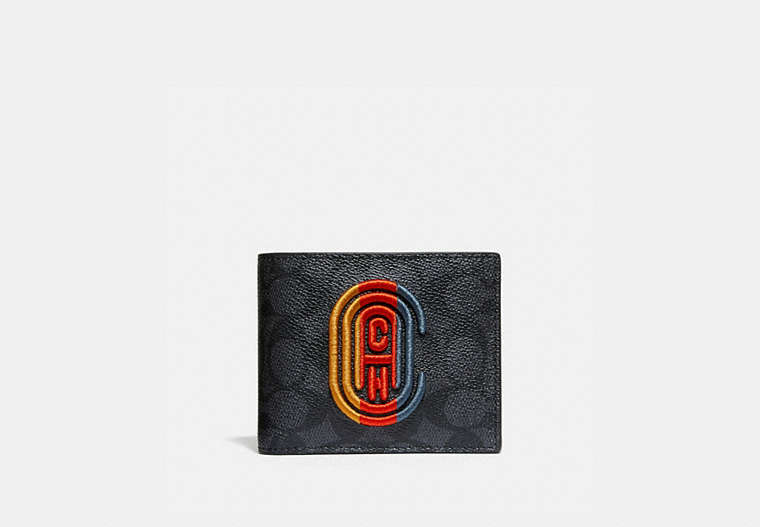 COACH®,3-IN-1 WALLET IN SIGNATURE CANVAS WITH COACH PATCH,pvc,Charcoal Signature Multi,Front View