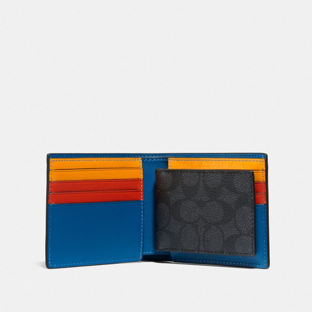 COACH®,3-IN-1 WALLET IN SIGNATURE CANVAS WITH COACH PATCH,pvc,Charcoal Signature Multi,Inside View,Top View