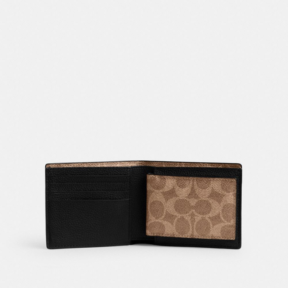COACH®,3-IN-1 WALLET WITH SIGNATURE CANVAS DETAIL,Pebble Leather/Signature Coated Canvas,Black/Khaki,Inside View,Top View
