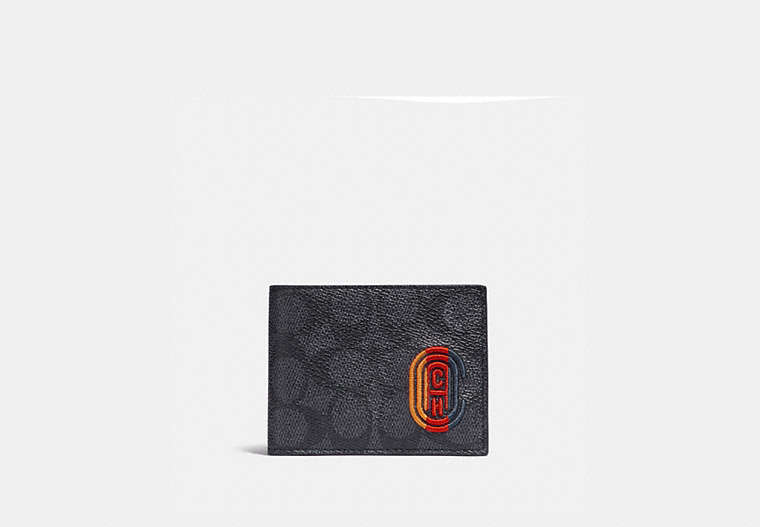 COACH®,SLIM BILLFOLD WALLET IN SIGNATURE CANVAS WITH COACH PATCH,Signature Coated Canvas/Smooth Leather,Charcoal Signature Multi,Front View