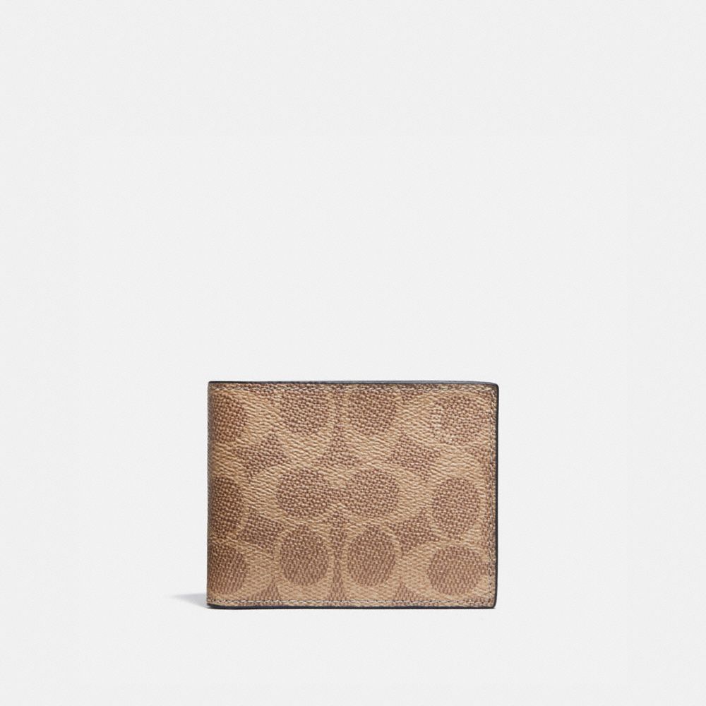 COACH®,SLIM BILLFOLD WALLET IN SIGNATURE CANVAS,Signature Coated Canvas/Smooth Leather,Mini,Khaki,Front View