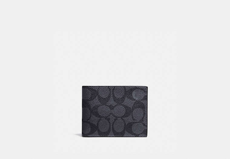 COACH®,SLIM BILLFOLD WALLET IN SIGNATURE CANVAS,Signature Coated Canvas/Smooth Leather,Charcoal/Black,Front View