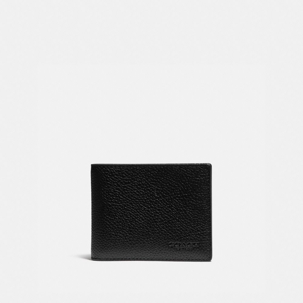 COACH®,SLIM BILLFOLD WALLET WITH SIGNATURE CANVAS DETAIL,Pebble Leather/Signature Coated Canvas,Mini,Black/Khaki,Front View
