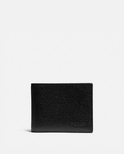 COACH®,SLIM BILLFOLD WALLET WITH SIGNATURE CANVAS DETAIL,Pebble Leather/Signature Coated Canvas,Black/Khaki,Front View