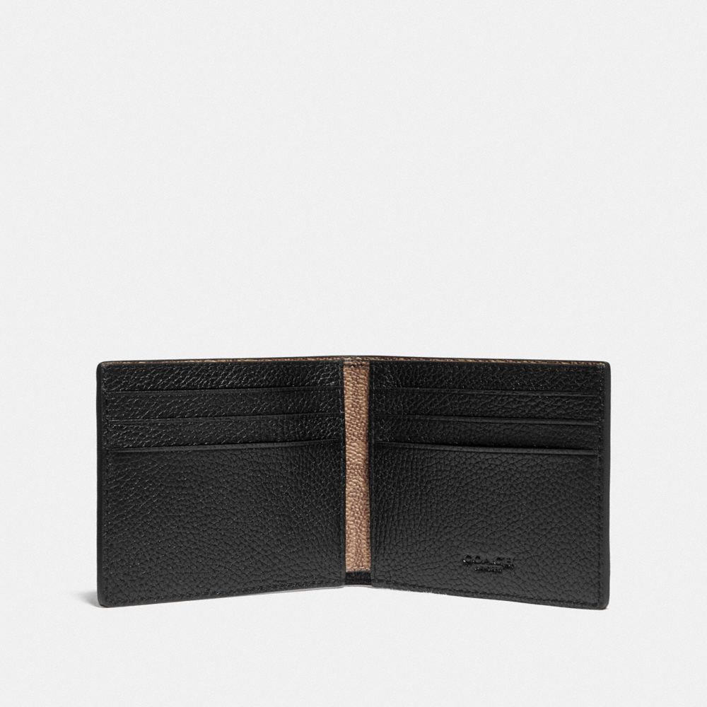 COACH®,SLIM BILLFOLD WALLET WITH SIGNATURE CANVAS DETAIL,Pebble Leather/Signature Coated Canvas,Mini,Black/Khaki,Inside View,Top View