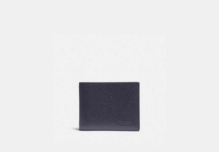 COACH®,SLIM BILLFOLD WALLET WITH SIGNATURE CANVAS DETAIL,Pebble Leather/Signature Coated Canvas,Mini,Midnight/Charcoal,Front View