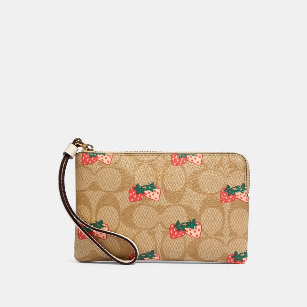 COACH®  Large Corner Zip Wristlet In Signature Canvas With Strawberry