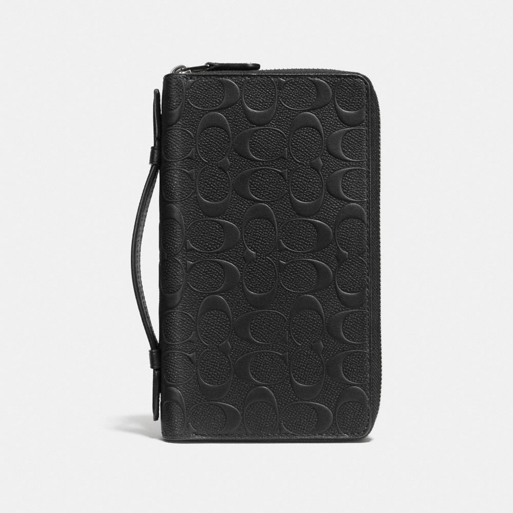 COACH®,DOUBLE ZIP TRAVEL ORGANIZER IN SIGNATURE LEATHER,Leather,Black,Front View