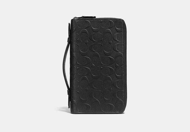 COACH®,DOUBLE ZIP TRAVEL ORGANIZER IN SIGNATURE LEATHER,Leather,Black,Front View