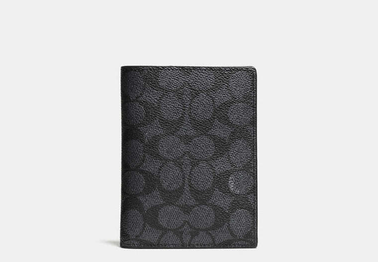 COACH®,PASSPORT CASE IN SIGNATURE COATED CANVAS,Logo,Charcoal,Front View