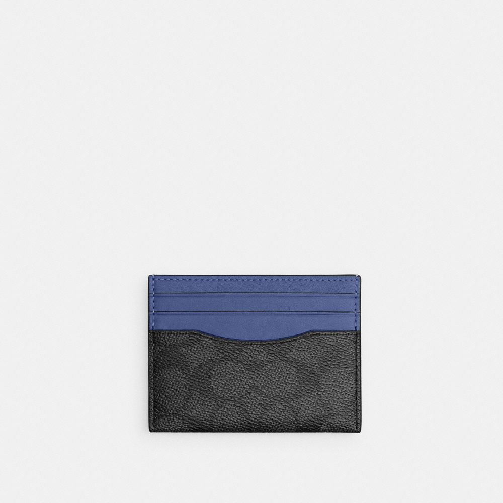 COACH®,CARD CASE IN SIGNATURE CANVAS,Pebble Leather,Charcoal/Blueberry,Front View