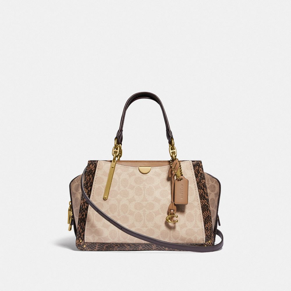 COACH®,DREAMER IN BLOCKED SIGNATURE CANVAS WITH SNAKESKIN DETAIL,Signature Coated Canvas/Smooth Leather/Exotic,M...,Brass/Tan Sand,Front View