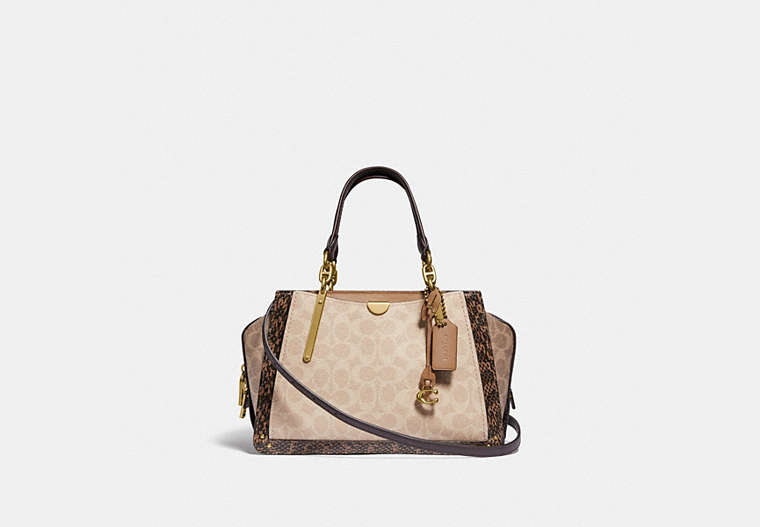 COACH®,DREAMER IN BLOCKED SIGNATURE CANVAS WITH SNAKESKIN DETAIL,Signature Coated Canvas/Smooth Leather/Exotic,M...,Brass/Tan Sand,Front View