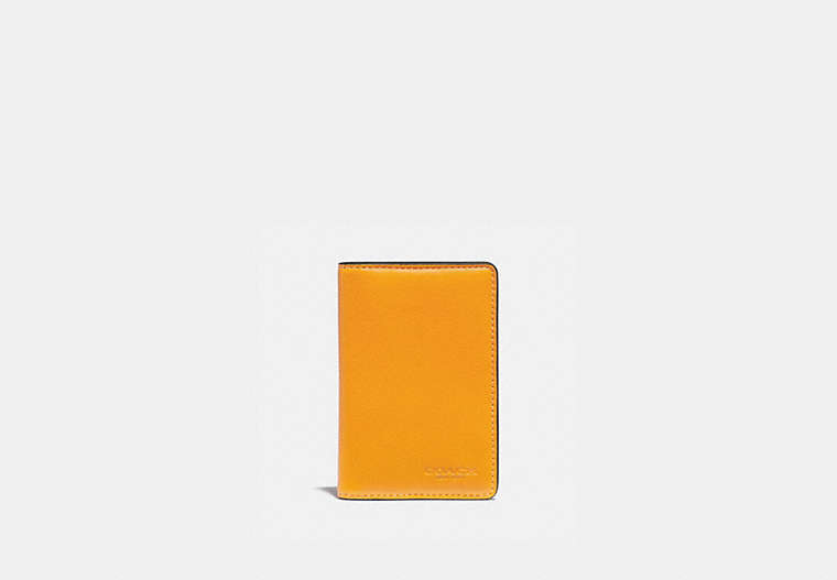 COACH®,CARD WALLET WITH SIGNATURE CANVAS INTERIOR,Leather,Pollen/Chalk,Front View
