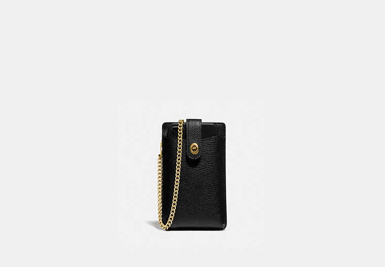 COACH®,TURNLOCK CHAIN PHONE CROSSBODY,Pebbled Leather,Small,Brass/Black,Front View