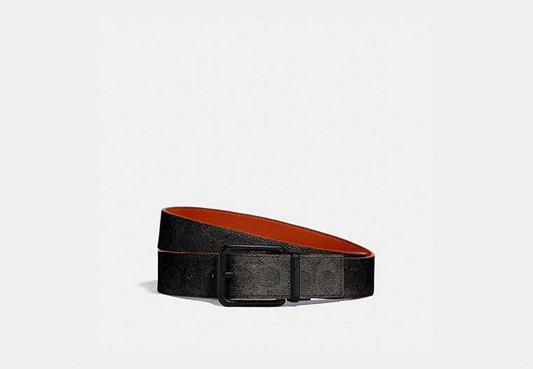 COACH®,ROLLER BUCKLE CUT-TO-SIZE REVERSIBLE BELT, 38MM,pvc,Charcoal/Mango,Front View