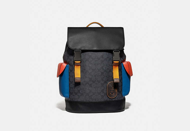 COACH®,RIVINGTON BACKPACK IN COLORBLOCK SIGNATURE CANVAS WITH COACH PATCH,n/a,Large,Black Copper/Charcoal Multi,Front View image number 0