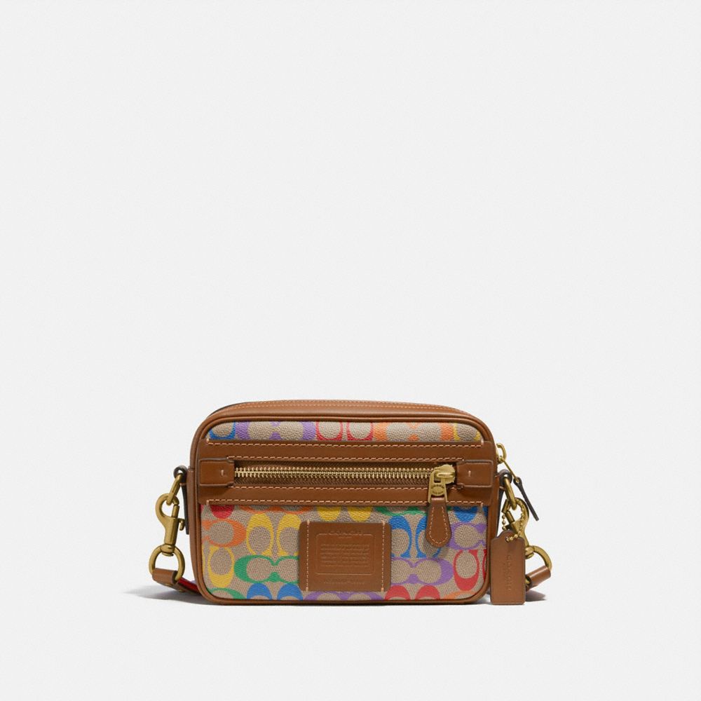 COACH®,ACADEMY CROSSBODY IN RAINBOW SIGNATURE CANVAS,n/a,Small,Brass/Multi,Front View