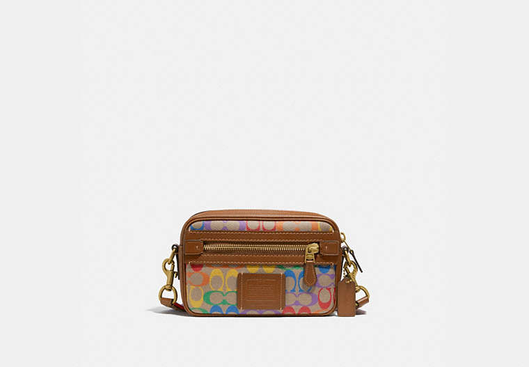 COACH®,ACADEMY CROSSBODY IN RAINBOW SIGNATURE CANVAS,n/a,Small,Brass/Multi,Front View