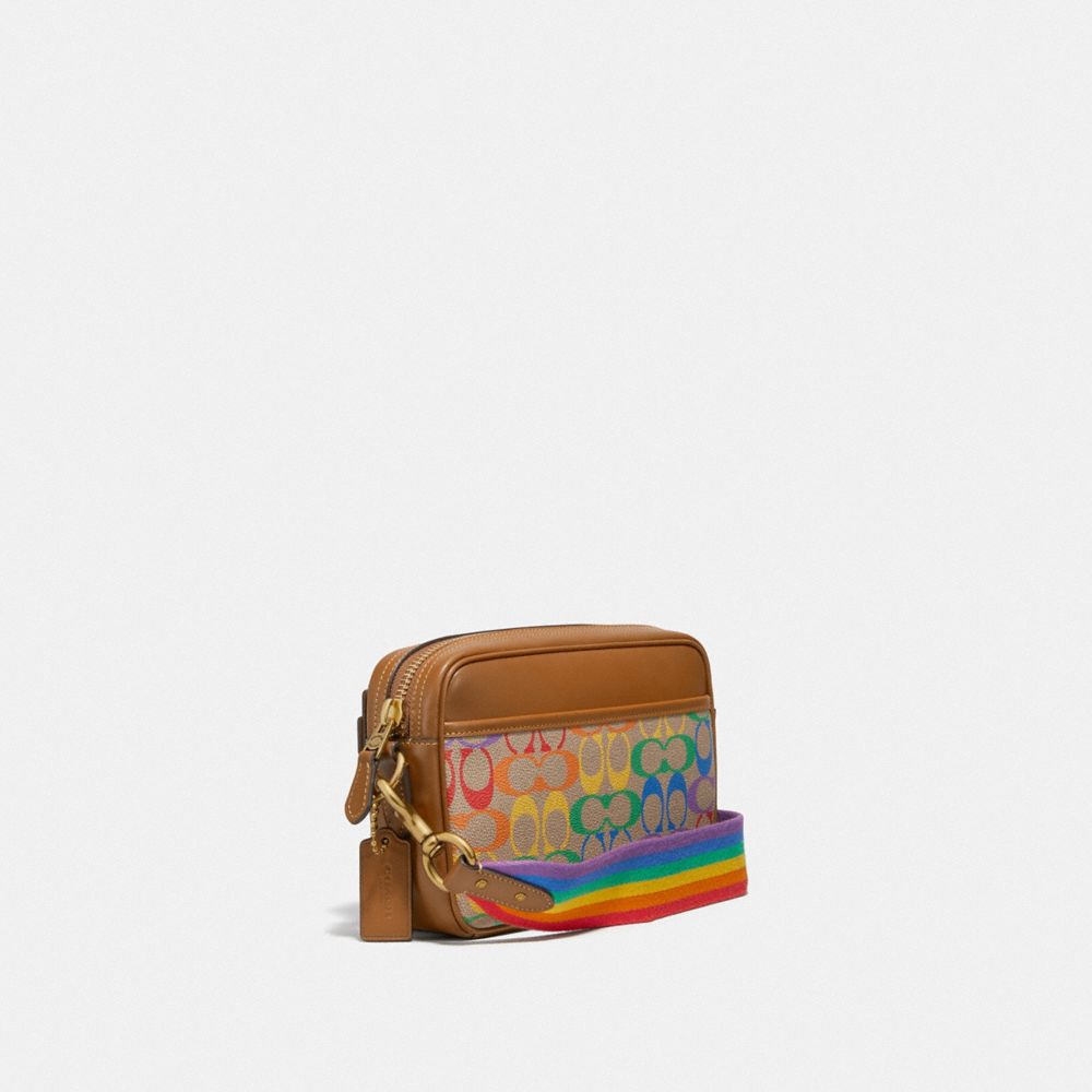 COACH®,ACADEMY CROSSBODY IN RAINBOW SIGNATURE CANVAS,n/a,Small,Brass/Multi,Angle View