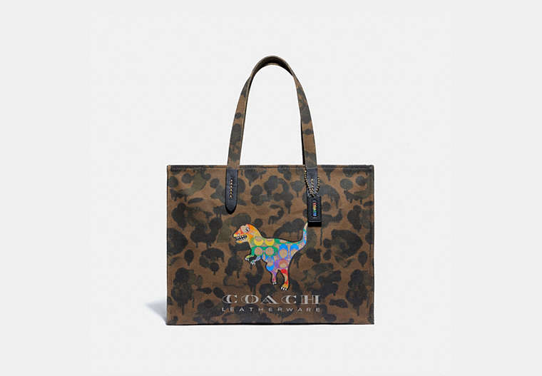 COACH®,TOTE 42 WITH RAINBOW SIGNATURE REXY,Coated Canvas,X-Large,Brass/Multi,Front View image number 0