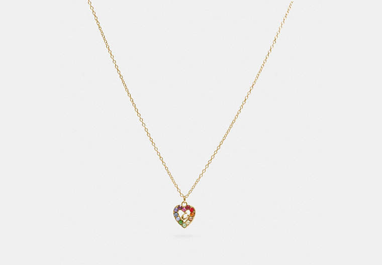 COACH®,RAINBOW PAVE SCULPTED SIGNATURE HEART SLIDER NECKLACE,Plated Brass,Gold/Multi,Front View