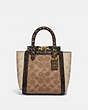 COACH®,TROUPE TOTE 16 IN SIGNATURE CANVAS WITH SNAKESKIN DETAIL,pvc,Brass/Tan Sand,Front View