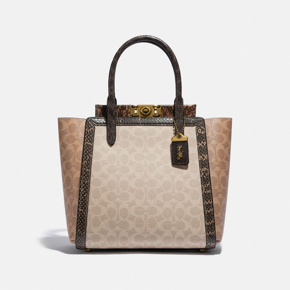 Brass Tan Sand Troupe Tote In Signature Canvas With Snakeskin Detail