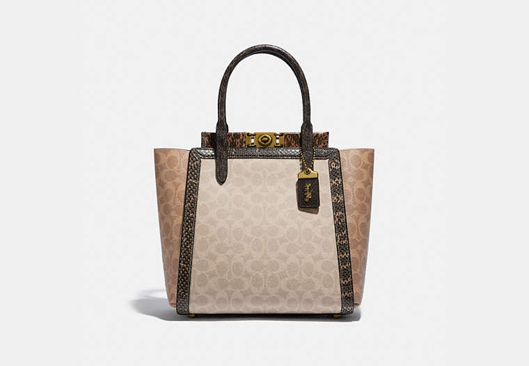 COACH®,TROUPE TOTE IN SIGNATURE CANVAS WITH SNAKESKIN DETAIL,Signature Coated Canvas/Smooth Leather/Exotic,Brass/Tan Sand,Front View