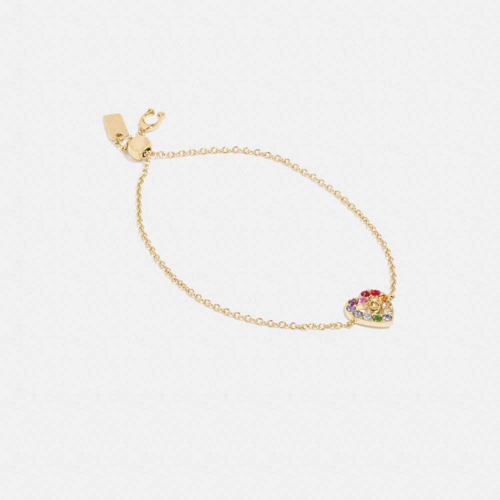 COACH®,RAINBOW PAVE SCULPTED SIGNATURE HEART SLIDER BRACELET,Gold/Multi,Front View