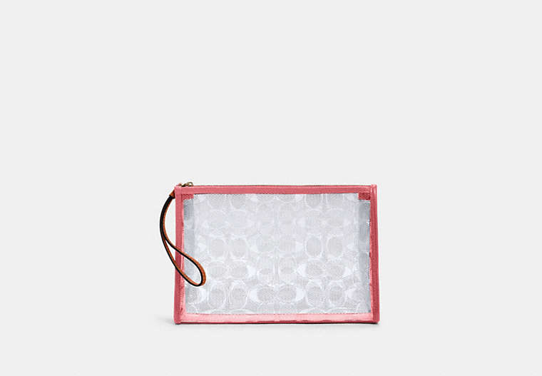 COACH®,BEACH CLUTCH IN SIGNATURE CLEAR CANVAS,Gold/Clear/ Pink Lemonade,Front View