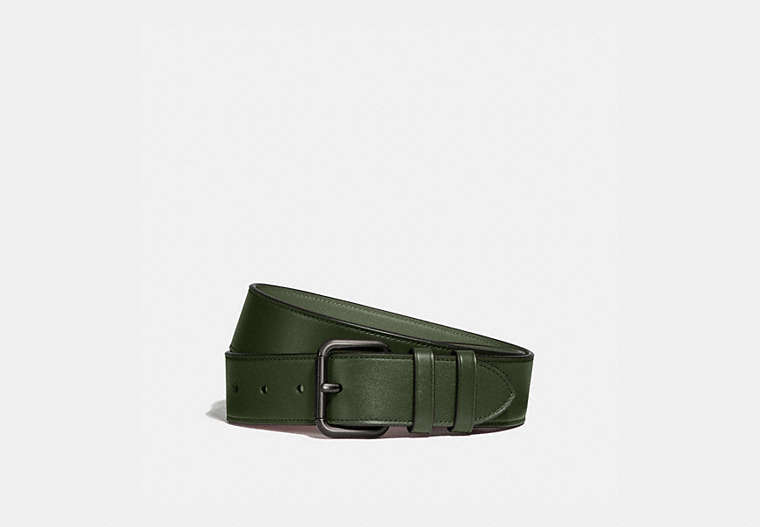 COACH®,ROLLER BUCKLE BELT, 38MM,Leather,Dark Cypress/Leaf,Front View