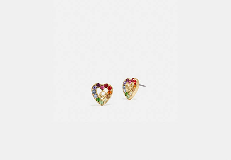 COACH®,RAINBOW PAVE SCULPTED SIGNATURE HEART STUD EARRINGS,Plated Brass,Gold/Multi,Front View