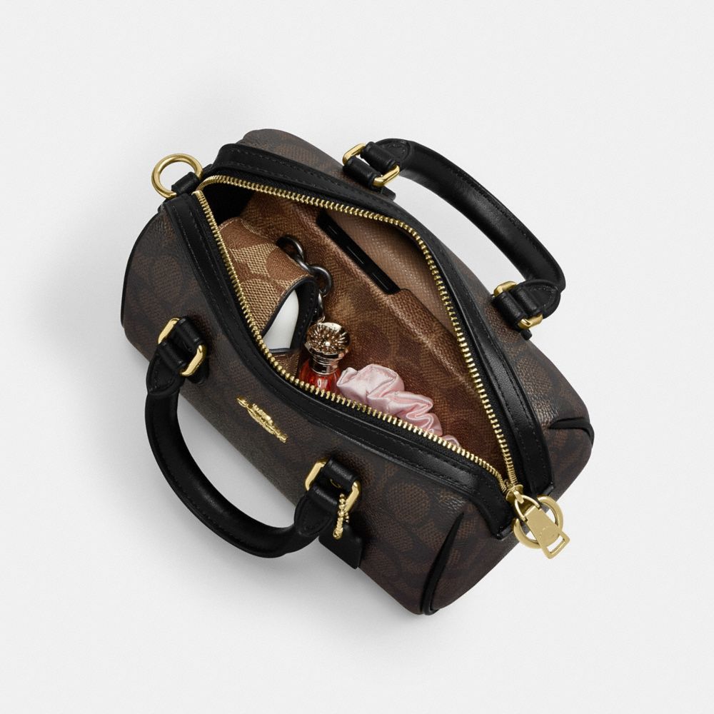 COACH®,Mini Rowan Crossbody Bag In Signature Canvas,Canvas,Recycled Polyester,Crossbody,Faux Leather,Metal,Logo,Casual,Black,Inside View, Top View