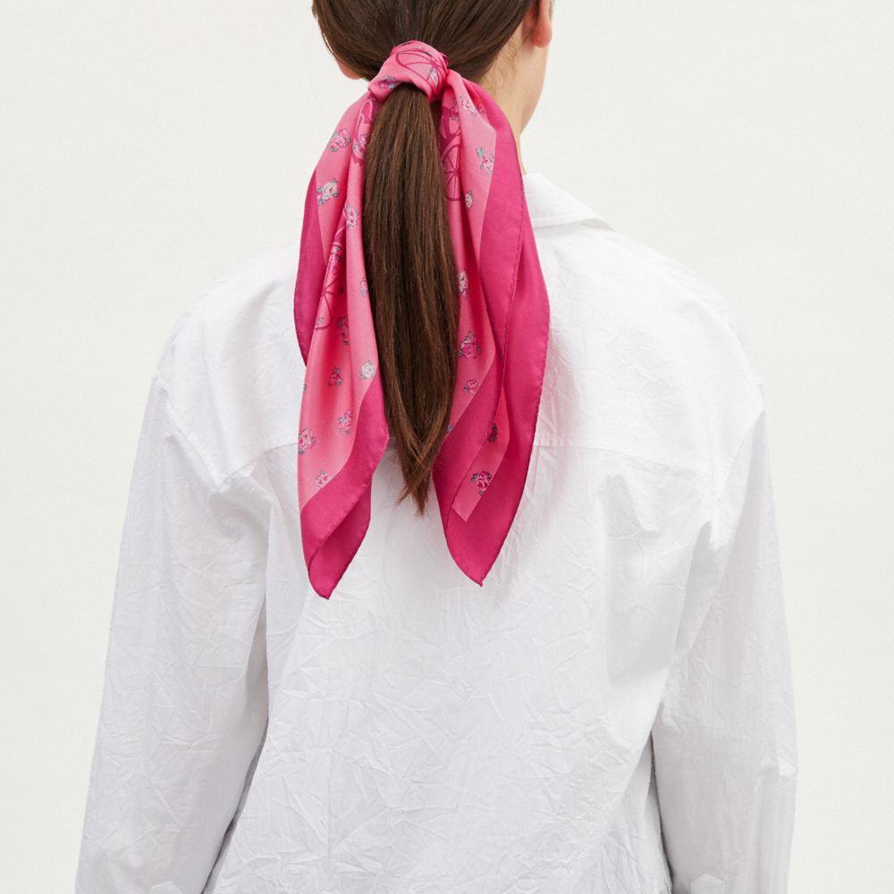 COACH®,Horse And Carriage Tea Rose Print Silk Bandana,Silk,Square,Word Embellishment,Color Block,Logo,Casual,Pink,Detail View