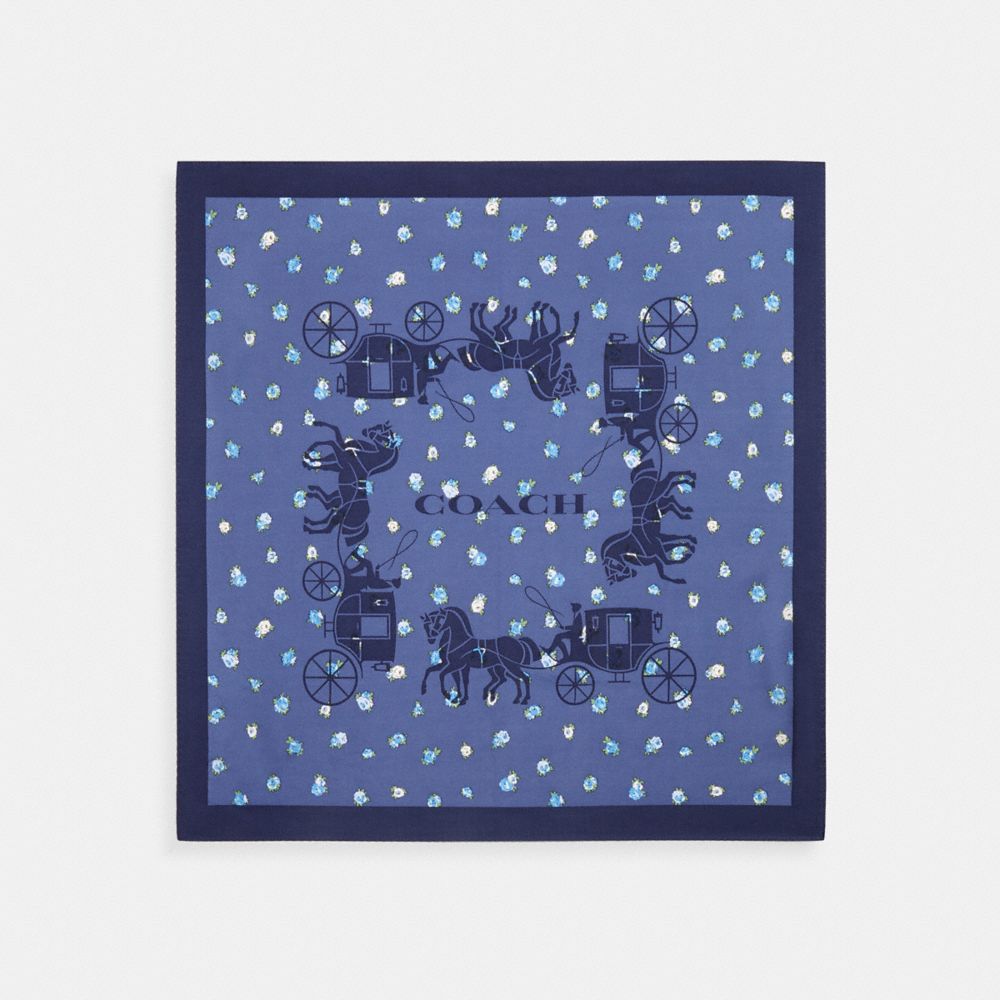 COACH®,Horse And Carriage Tea Rose Print Silk Bandana,Silk,Square,Word Embellishment,Logo,Color Block,Casual,Blue,Front View