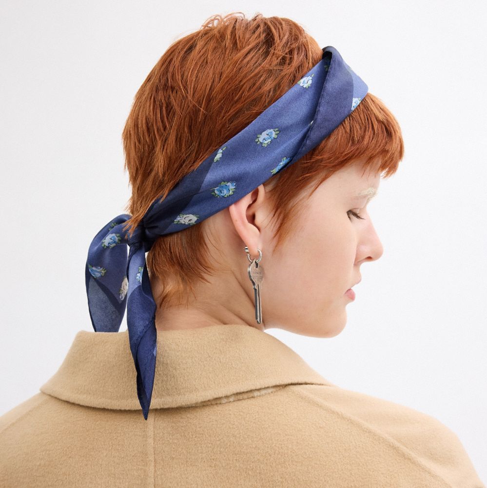 COACH®,Horse And Carriage Tea Rose Print Silk Bandana,Silk,Square,Color Block,Word Embellishment,Logo,Casual,Blue,Detail View