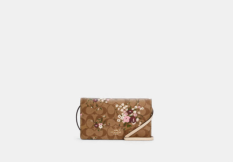 COACH®,ANNA FOLDOVER CROSSBODY CLUTCH IN SIGNATURE CANVAS WITH EVERGREEN FLORAL PRINT,pvc,Mini,Gold/Khaki Multi,Front View