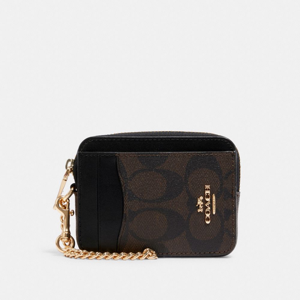 COACH®,ZIP CARD CASE IN SIGNATURE CANVAS,Signature Canvas,Mini,Gold/Brown Black,Front View