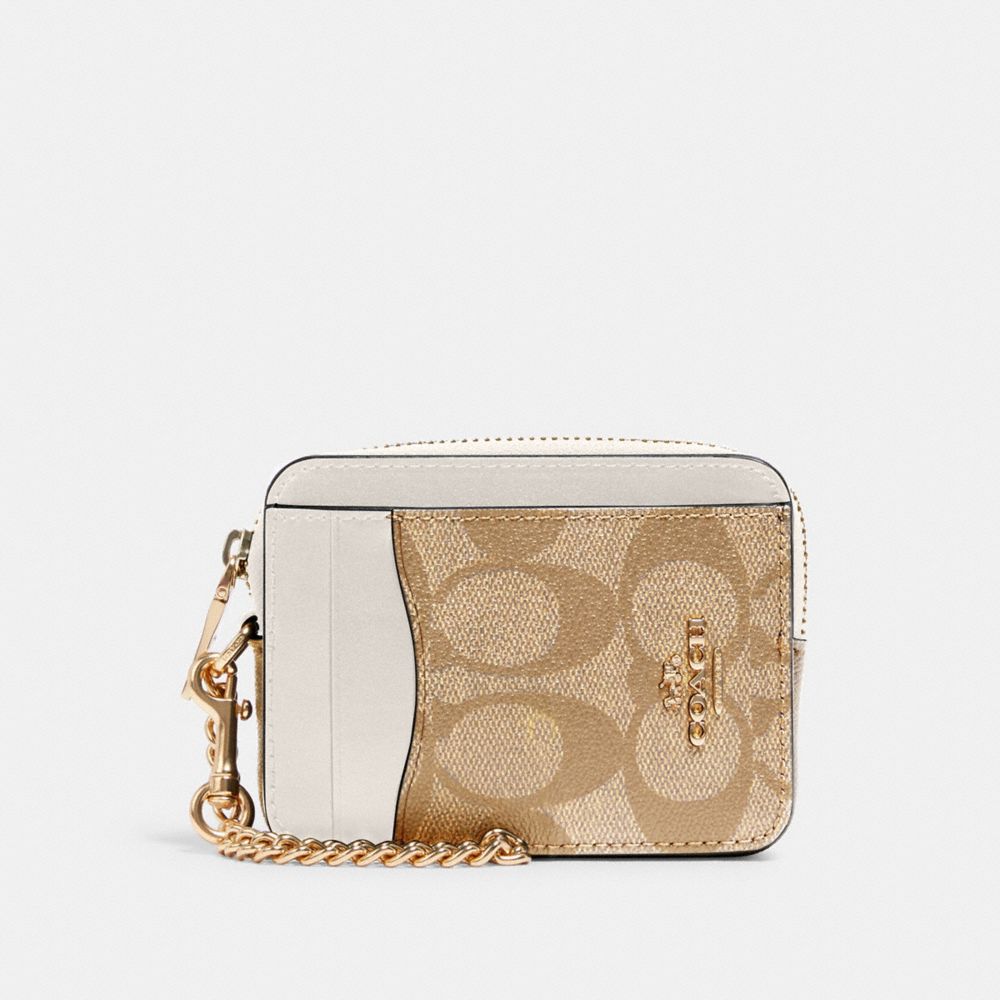 COACH®,ZIP CARD CASE IN SIGNATURE CANVAS,Signature Canvas,Mini,Gold/Light Khaki Chalk,Front View