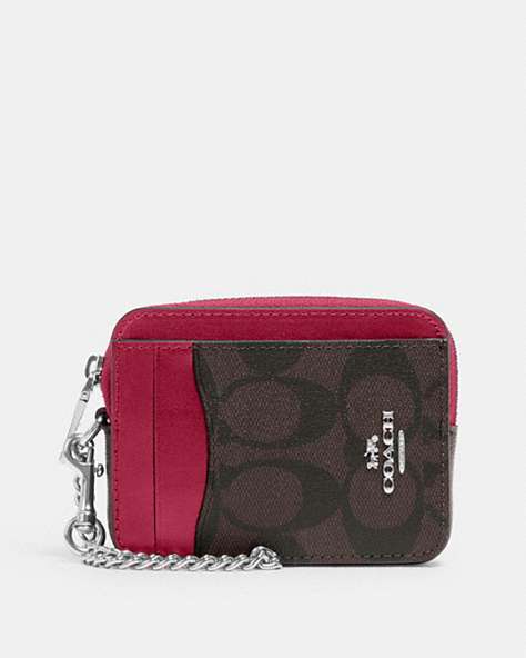 COACH®,ZIP CARD CASE IN SIGNATURE CANVAS,pvc,Silver/Brown/Bright Violet,Front View